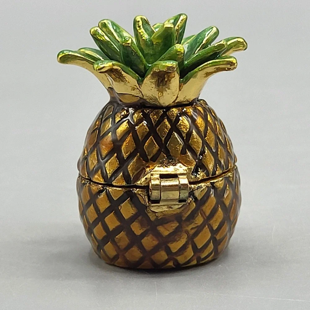 Work of Art Pineapple Trinket Pill Box Small Hinged Enameled Shelf Decor